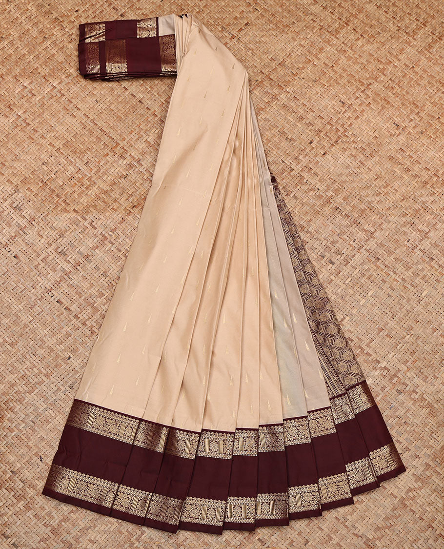 Sandal Budget Silk Saree, Sparsely Woven with Zari Buttas, Complemented by a Contrast Traditional Zari  Rettai Pettu Border, Pallu of Jaal Designs, and a Contrast Blouse