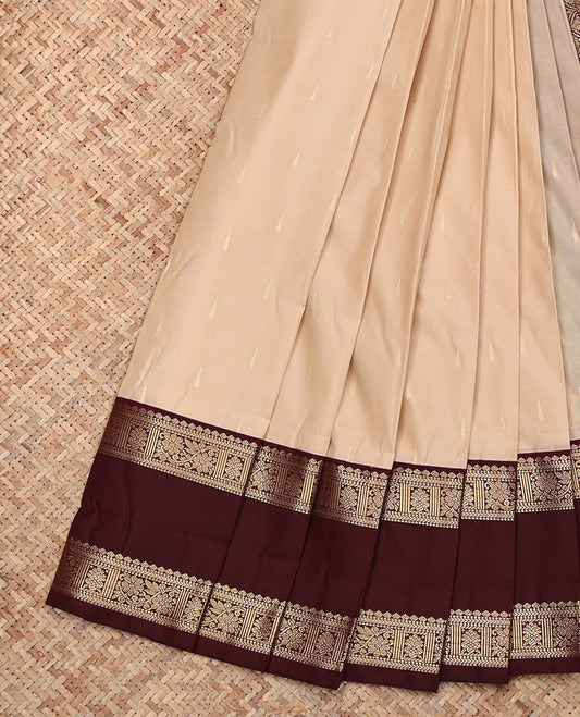 Sandal Budget Silk Saree, Sparsely Woven with Zari Buttas, Complemented by a Contrast Traditional Zari  Rettai Pettu Border, Pallu of Jaal Designs, and a Contrast Blouse