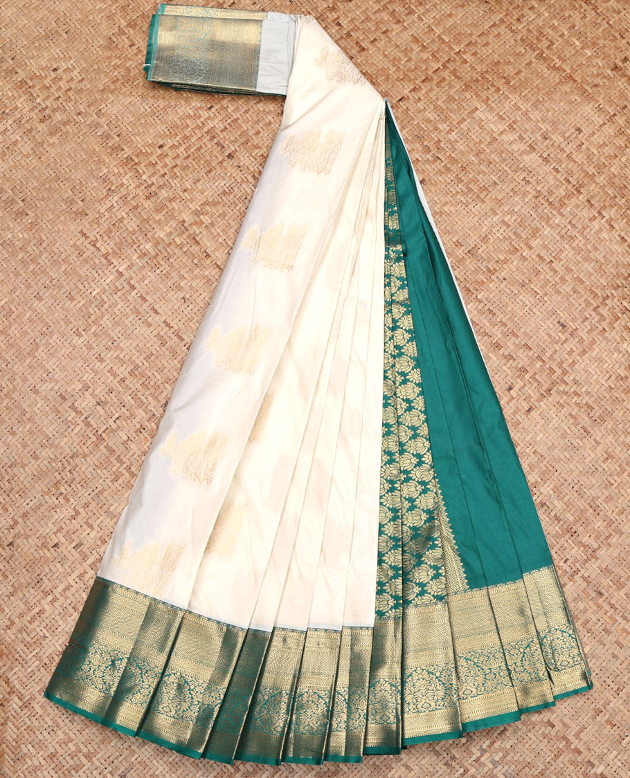 Cream Budget Silk Saree, Enriched with Zari Buttas, Contrast Traditional Zari Border, Grand Pallu, and a Contrast Blouse