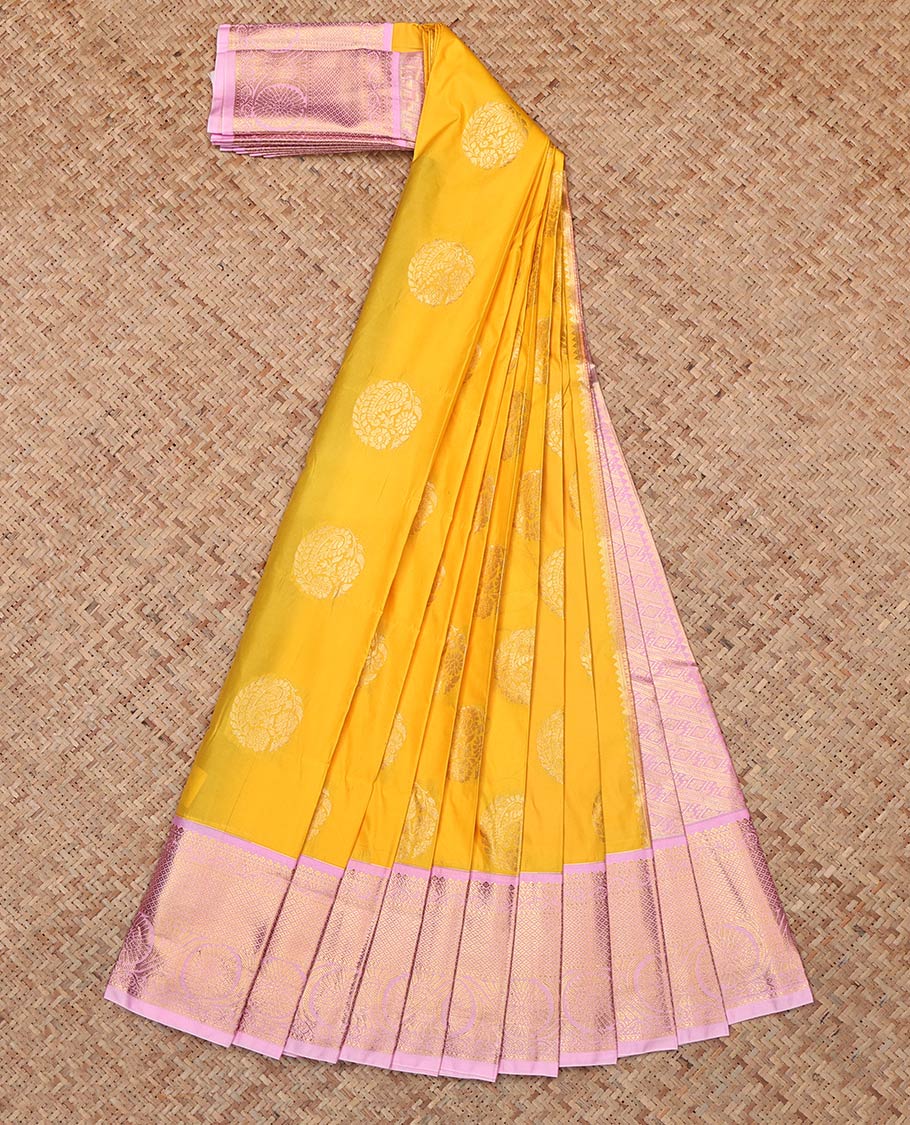 Yellow Budget Silk Saree, Sparsely Sparked with Zari Buttas, Complemented by Contrast Traditional Zari Border, Grand Pallu and a Contrast Blouse