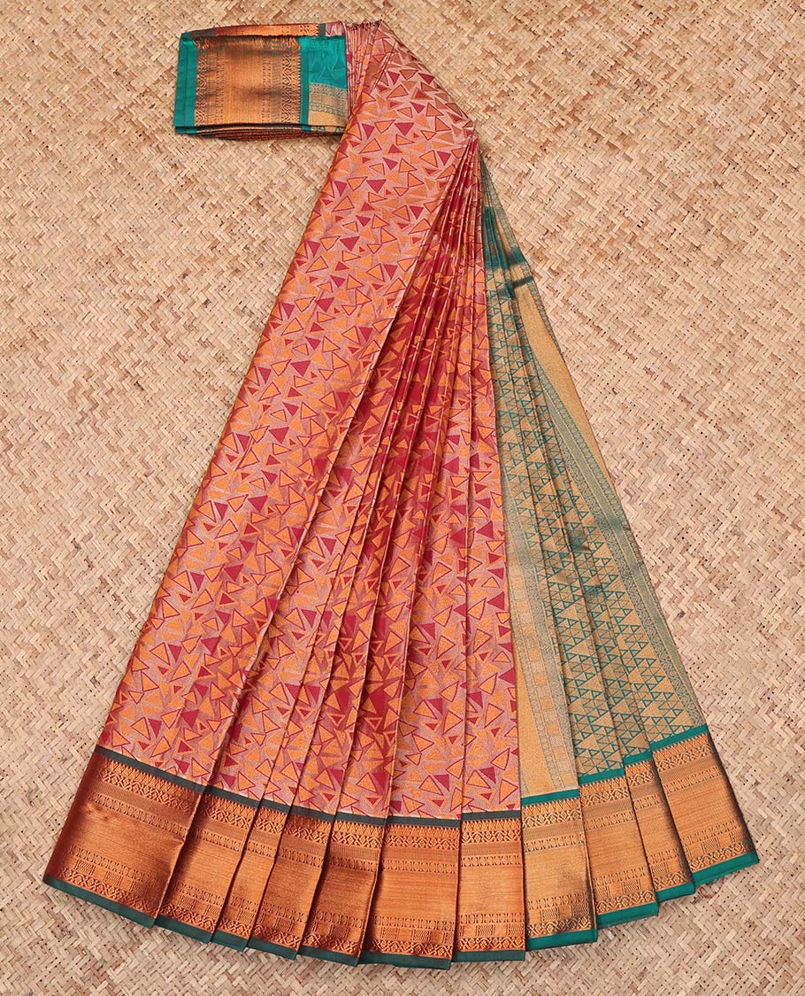 Peach Budget Silk Saree, Delicately Woven with Triangle Design, Complemented by a Contrast Traditional Zari Border, Intricately Designed Pallu, and a Contrast Blouse