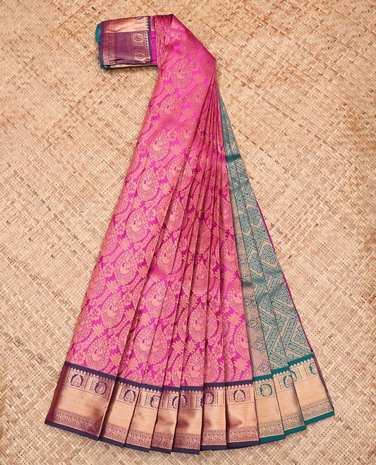 Rani Pink Budget Silk Saree, Steeped in Richness of Jacquard Design, Complemented by a Contrast Traditional Zari Border, Grand Pallu, and a Contrast Blouse