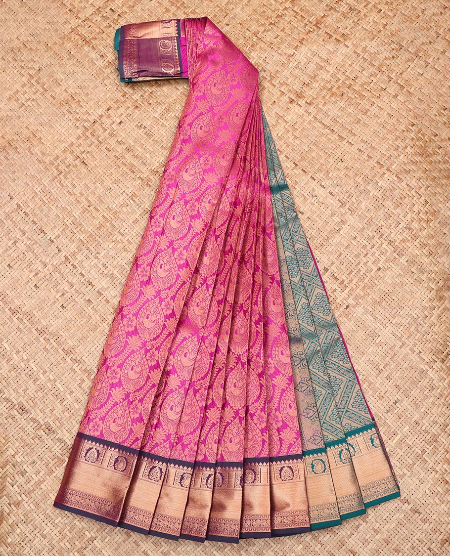 Rani Pink Budget Silk Saree, Steeped in Richness of Jacquard Design, Complemented by a Contrast Traditional Zari Border, Grand Pallu, and a Contrast Blouse