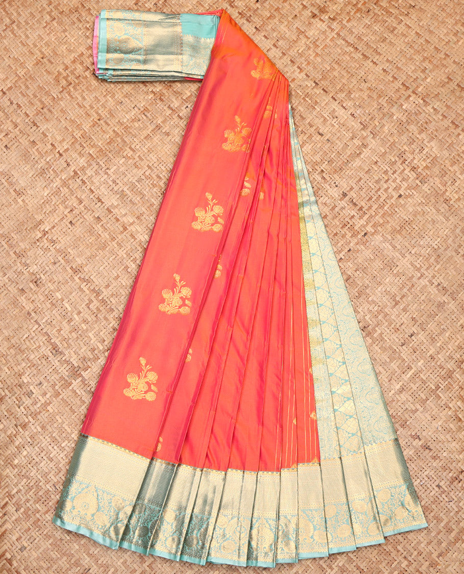 Orange Budget Silk Saree, Graced with Zari Buttas, Complemented by a Contrast Traditional Border, Jaal Pallu, and a Contrast Blouse