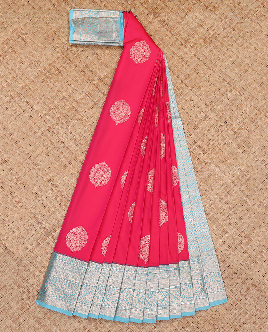 Red Budget Silk Saree, Woven with Zari Designs, Complemented by a Contrast Traditional Zari Border, Jaal Pallu, and a Contrast Blouse