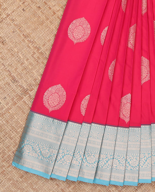 Red Budget Silk Saree, Woven with Zari Designs, Complemented by a Contrast Traditional Zari Border, Jaal Pallu, and a Contrast Blouse