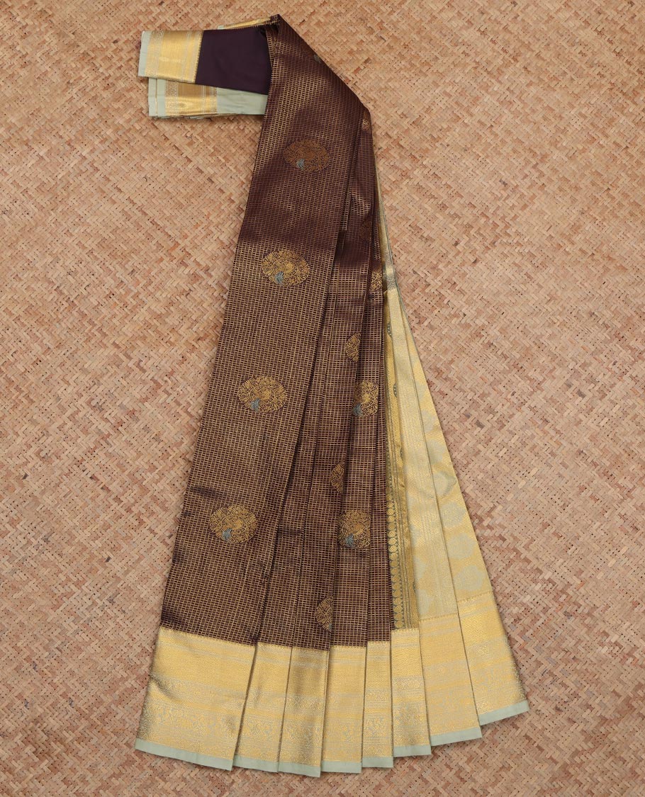 Brown Budget Silk Saree, Spotlighted with Peacock Buttas and Checks, a Contrast Traditional Zari Border, an Intricate Pallu and a Contrast Blouse
