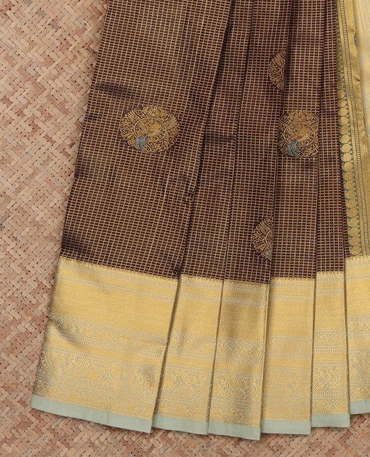 Brown Budget Silk Saree, Spotlighted with Peacock Buttas and Checks, a Contrast Traditional Zari Border, an Intricate Pallu and a Contrast Blouse