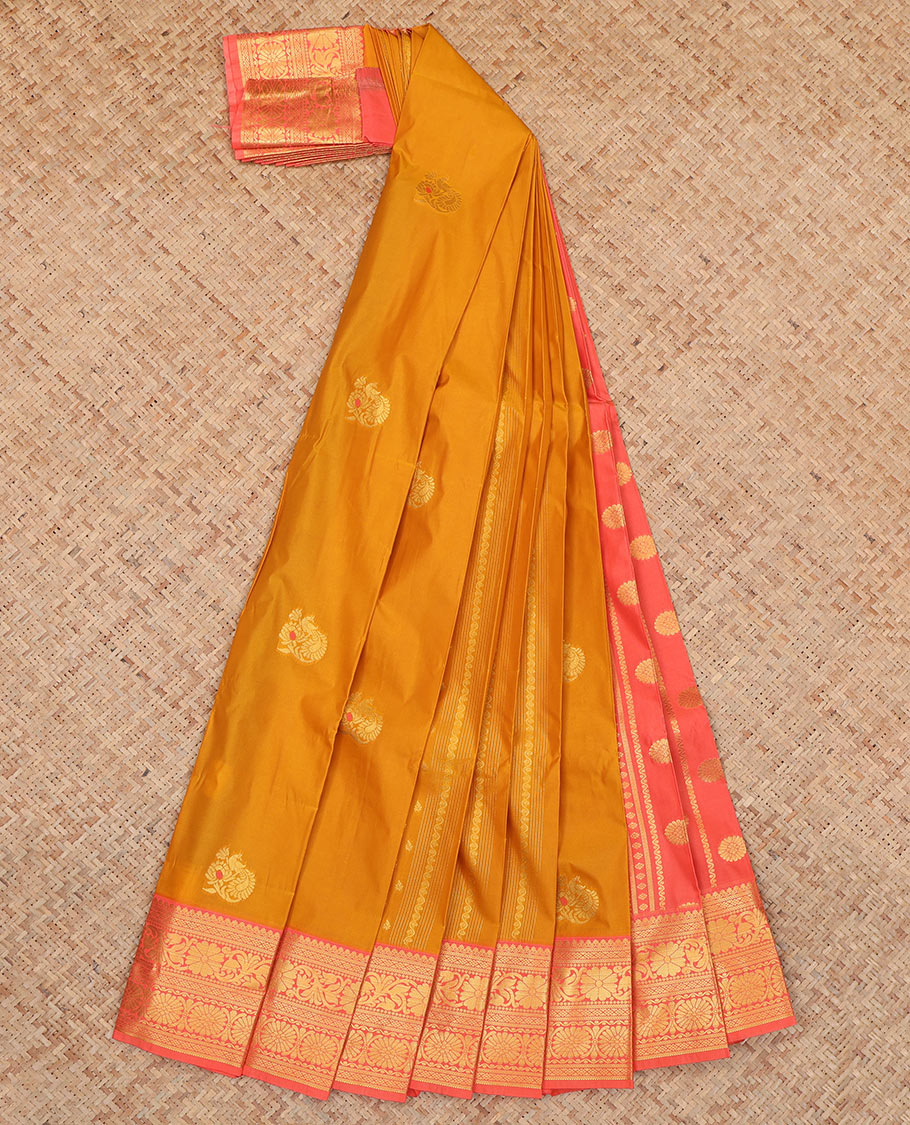 Mustard Budget Silk Saree, Showcasing Zari Buttas, Complemented by Contrast Traditional Zari Border, a Grand Pallu and a Contrast Blouse