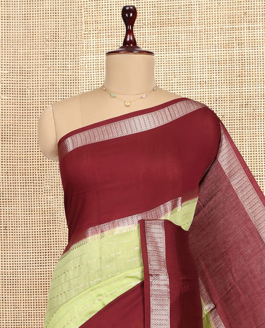 Green Assam Silk Saree, Highlighted by Zari Stripes, Complemented by Contrast Big Traditional Zari Border,  Zari Woven Pallu, and Contrast Blouse