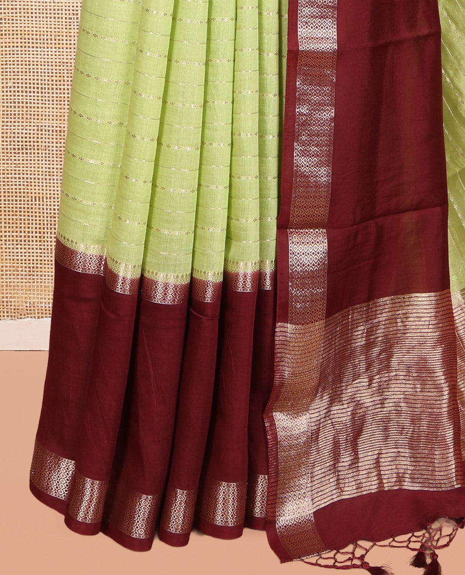 Green Assam Silk Saree, Highlighted by Zari Stripes, Complemented by Contrast Big Traditional Zari Border,  Zari Woven Pallu, and Contrast Blouse
