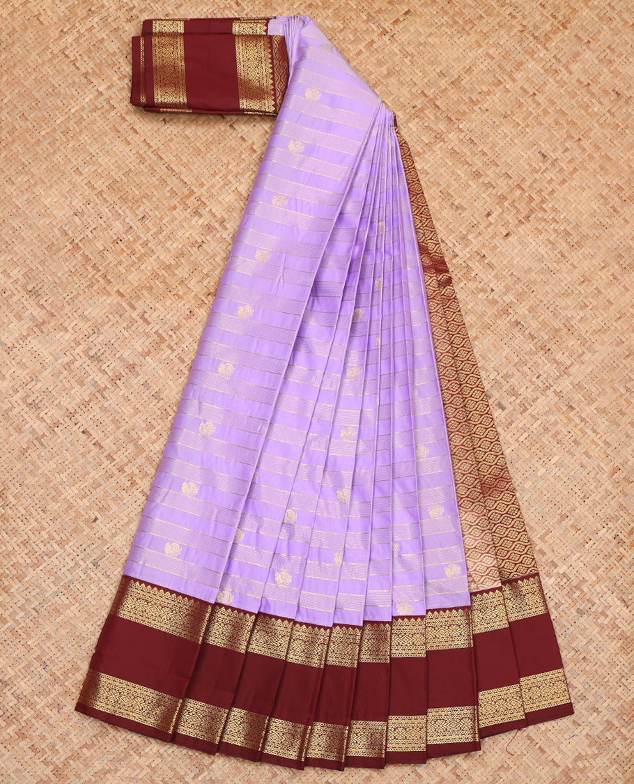Lavender Budget Silk Saree, Decked Up with Zari Buttas and Stripes, Complemented by a Contrast Traditional Zari Rettai Pettu Border, Grand Jaal Pallu, and Contrast Blouse