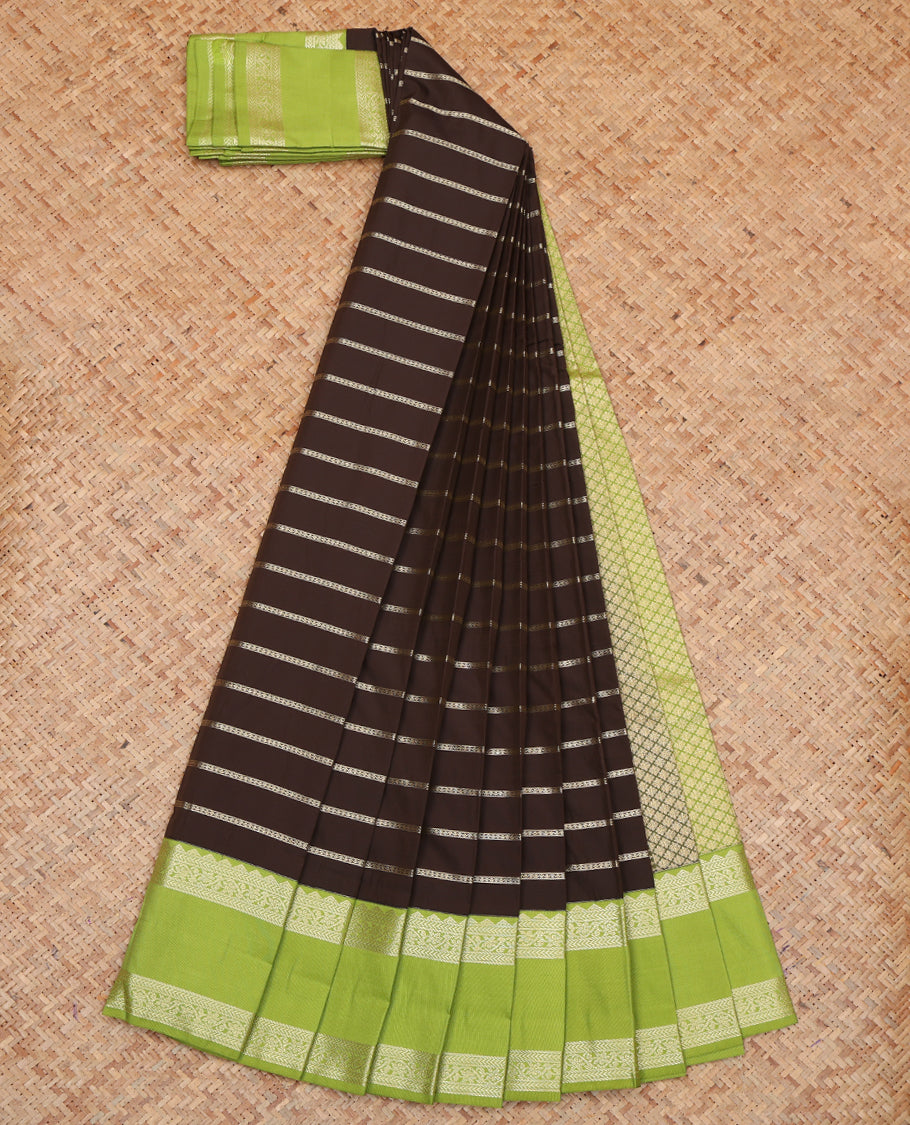 Brown Budget Silk Saree, Accentuated with Veldhari Stripes, a Contrast Traditional Rettai Pettu Border, Jaal Pallu, and a Contrast Blouse