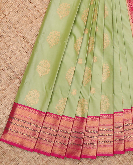 Green Budget Silk Saree, Woven with Buttas, a Contrast Traditional Zari Border, Grand Pallu, and a Contrast Blouse