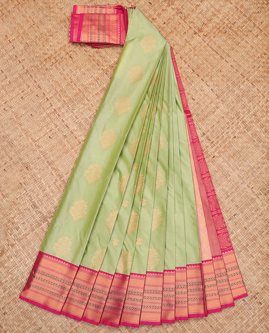 Green Budget Silk Saree, Woven with Buttas, a Contrast Traditional Zari Border, Grand Pallu, and a Contrast Blouse