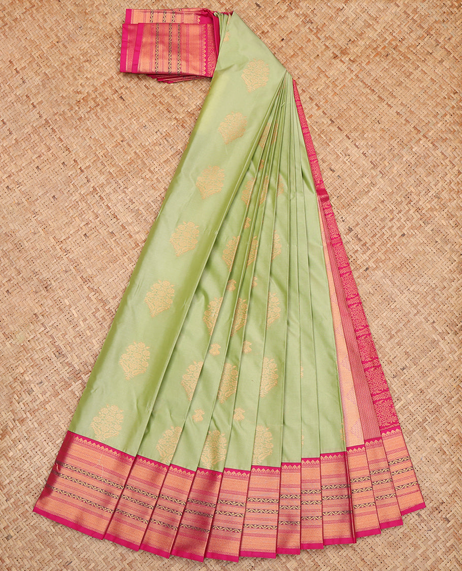 Green Budget Silk Saree, Woven with Buttas, a Contrast Traditional Zari Border, Grand Pallu, and a Contrast Blouse