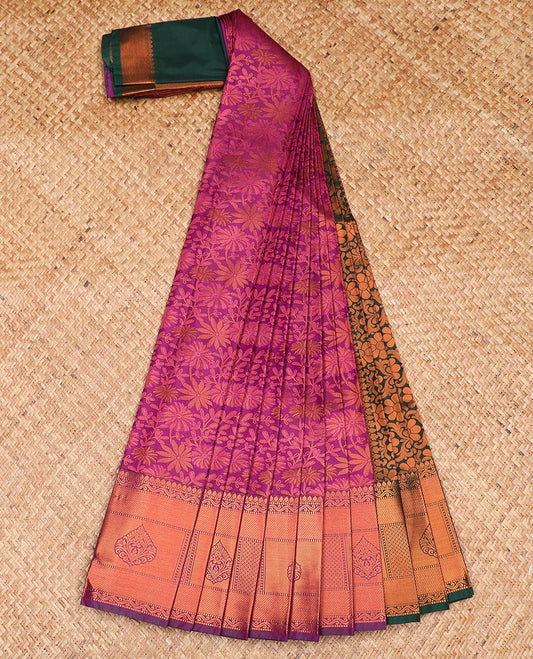 Pink jacquard gift saree, traditional zari border, and contrast pallu of floral designs