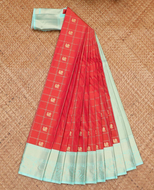 Red mayil buttas enclosed checked design gift saree, contrast traditional zari design border, and intricate pallu