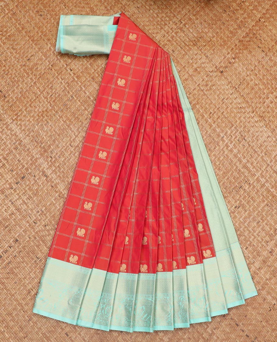 Red mayil buttas enclosed checked design gift saree, contrast traditional zari design border, and intricate pallu