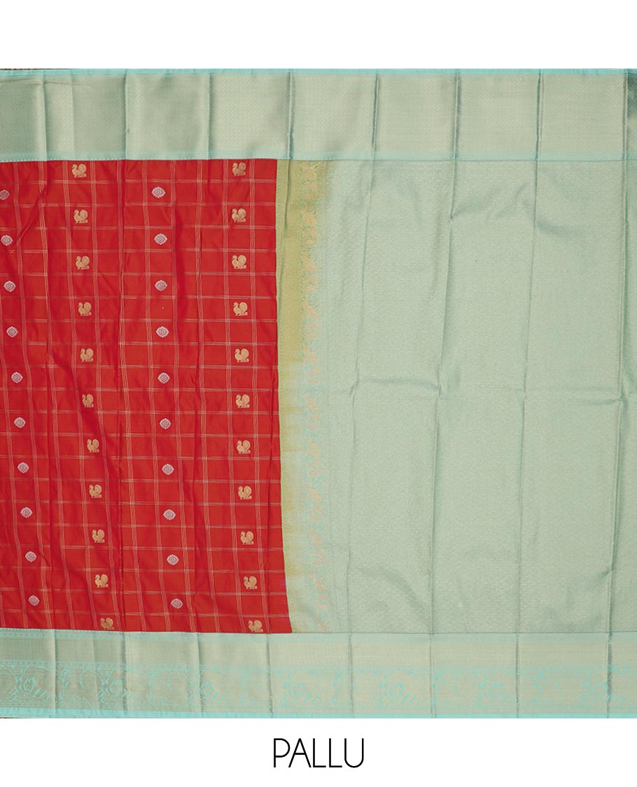 Red mayil buttas enclosed checked design gift saree, contrast traditional zari design border, and intricate pallu