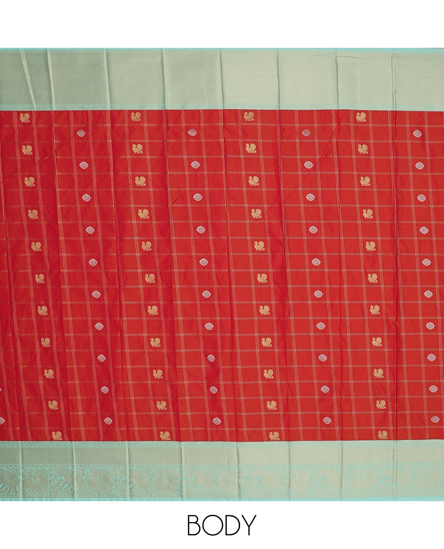 Red mayil buttas enclosed checked design gift saree, contrast traditional zari design border, and intricate pallu