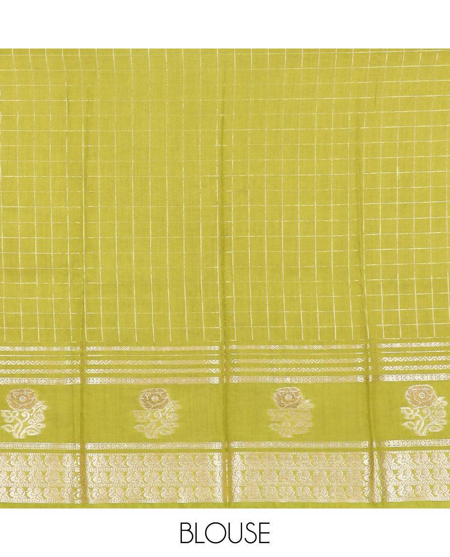 Purple zari checked Assam silk saree, contrast traditional zari border of peacock and floral designs, and pallu of zari stripes