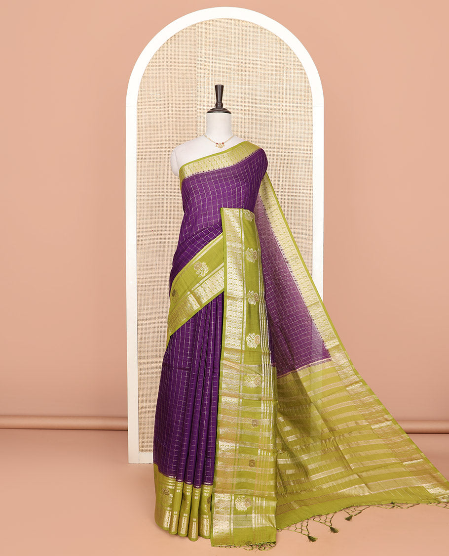 Purple zari checked Assam silk saree, contrast traditional zari border of peacock and floral designs, and pallu of zari stripes