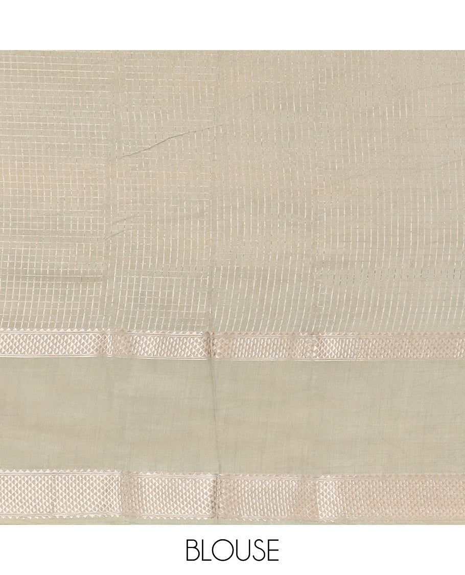 Blue Assam Silk Saree Graced with Zari Checks, Complemented by Contrast Zari Border of Triangle Motifs, a Gleaming Pallu of Zari Stripes, and Paired with a Contrast Blouse