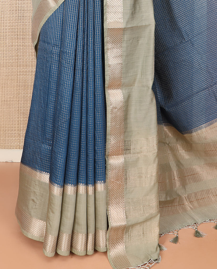 Blue Assam Silk Saree Graced with Zari Checks, Complemented by Contrast Zari Border of Triangle Motifs, a Gleaming Pallu of Zari Stripes, and Paired with a Contrast Blouse