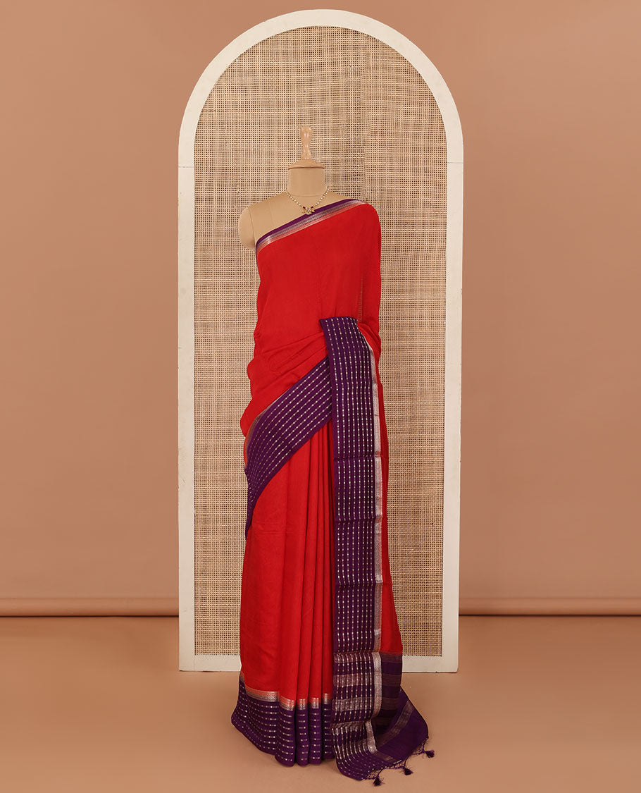 Red plain Assam silk saree, contrast traditional design border, and pallu of stripes