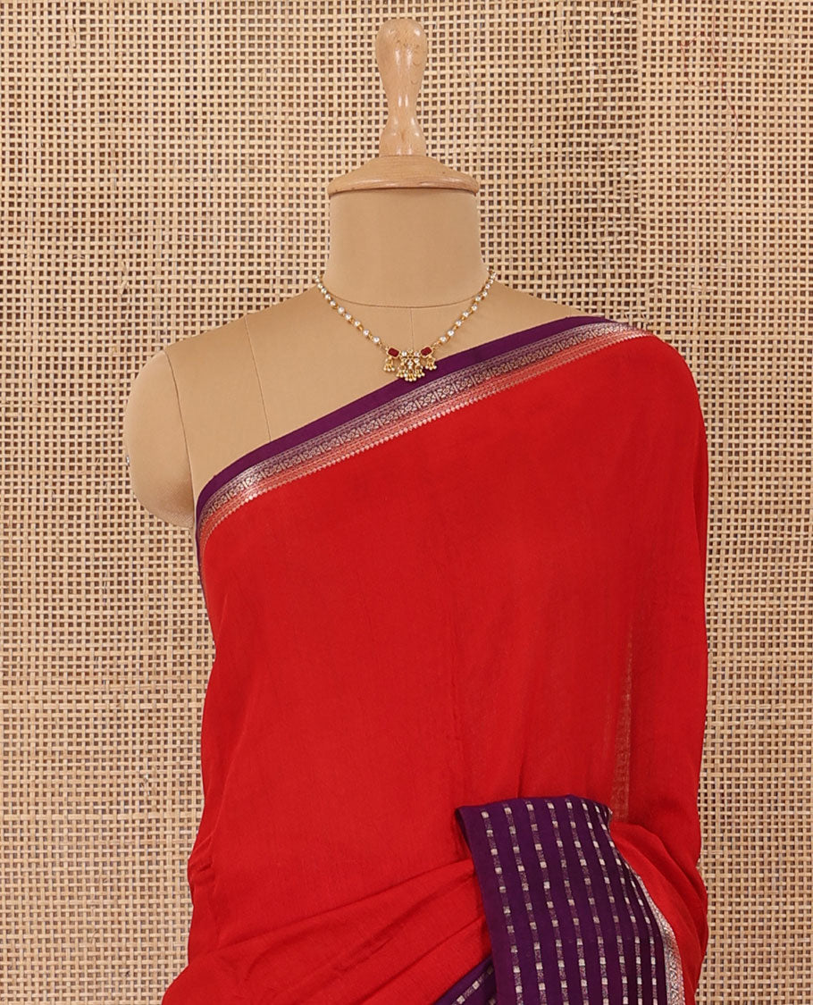 Red plain Assam silk saree, contrast traditional design border, and pallu of stripes