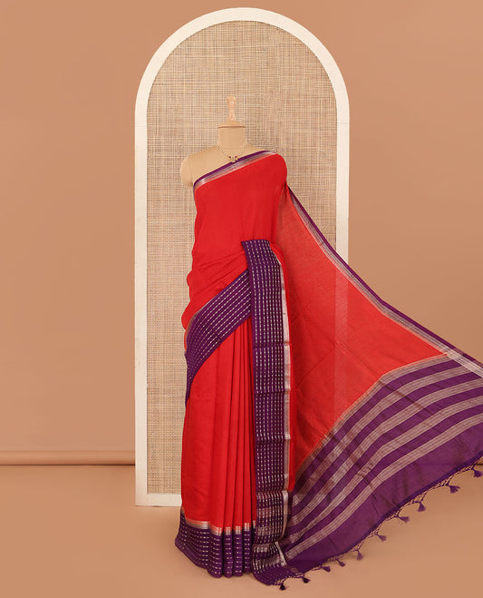 Red plain Assam cotton saree, contrast traditional design border, and pallu of stripes