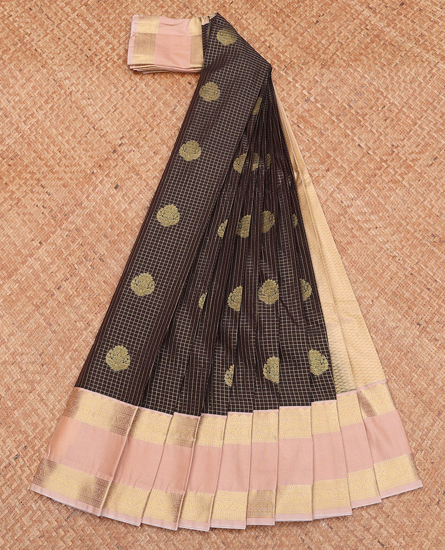 Brown Budget Silk Saree, Bedecked with Zari Buttas and Checks, Complemented by a Contrast Traditional Zari Rettai Pettu Border, Grand Pallu, and Contrast Blouse