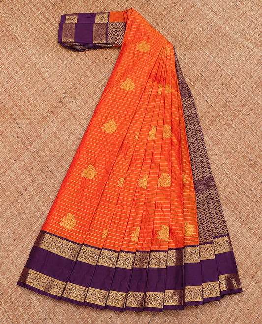 Orange Budget Silk Saree, Gleamed Up with Zari Buttas and Stripes, Complemented by Contrast Traditional Zari Rettai Pettu Border, Grand Pallu, and Contrast Blouse