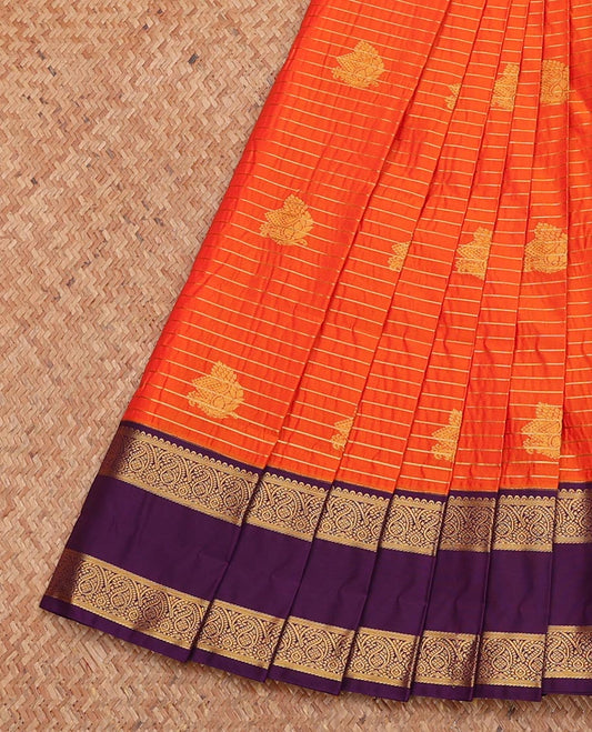 Orange Budget Silk Saree, Gleamed Up with Zari Buttas and Stripes, Complemented by Contrast Traditional Zari Rettai Pettu Border, Grand Pallu, and Contrast Blouse