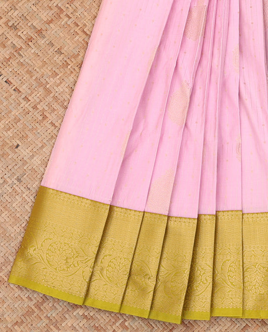 Pink Budget Silk Saree Sparsely Sparkled with Zari Designs, Highlighted with a Contrast Traditional Zari Design Border, Pallu of Paisleys, and Paired with a Contrast Blouse
