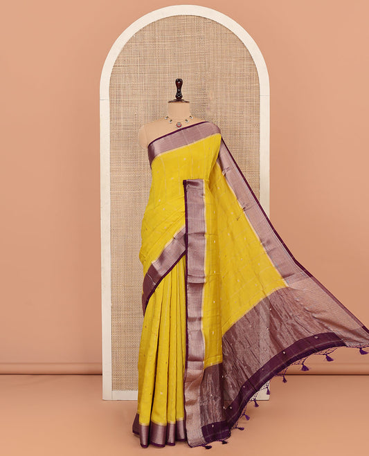 Yellow Assam Silk Saree Adorned with Zari Butta Enclosed Checks, Complemented by Captivating Contrast Traditional Zari Design Border, Gleaming Zari-Woven Pallu, and Paired with a Contrast Blouse