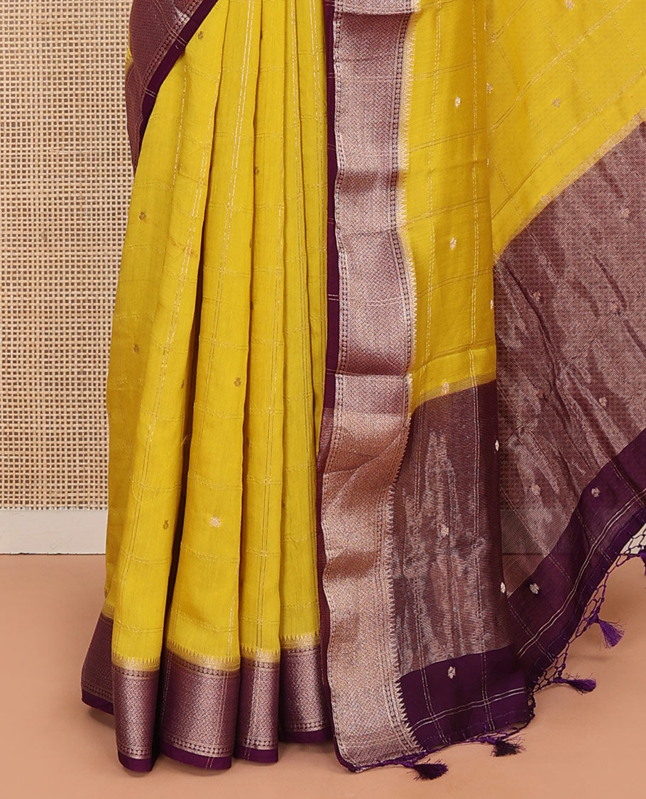 Yellow Assam Silk Saree Adorned with Zari Butta Enclosed Checks, Complemented by Captivating Contrast Traditional Zari Design Border, Gleaming Zari-Woven Pallu, and Paired with a Contrast Blouse