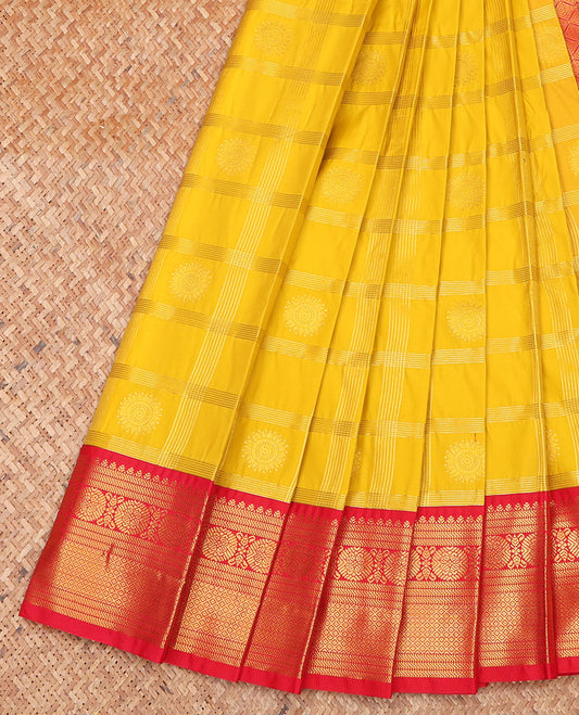 Yellow Budget Silk Saree, Sparsely Woven with Stripes on Its Body, Complemented by a Contrast Traditional Zari Design Border, Grand Jaal Pallu, and Paired with a Contrast Blouse