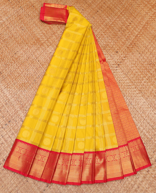 Yellow Budget Silk Saree, Sparsely Woven with Stripes on Its Body, Complemented by a Contrast Traditional Zari Design Border, Grand Jaal Pallu, and Paired with a Contrast Blouse