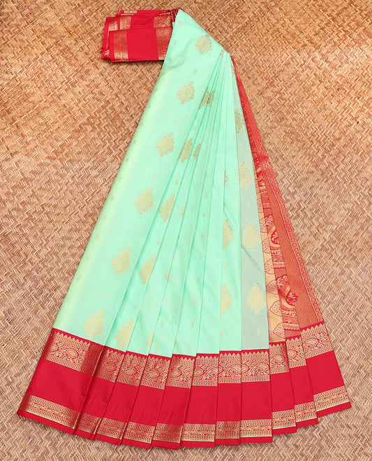 Turquoise Budget Silk Saree, Subtly Sparkled with Zari Buttas, Contrast Traditional Zari Rettai Pettu Border, Grand Pallu, and a Contrast Blouse