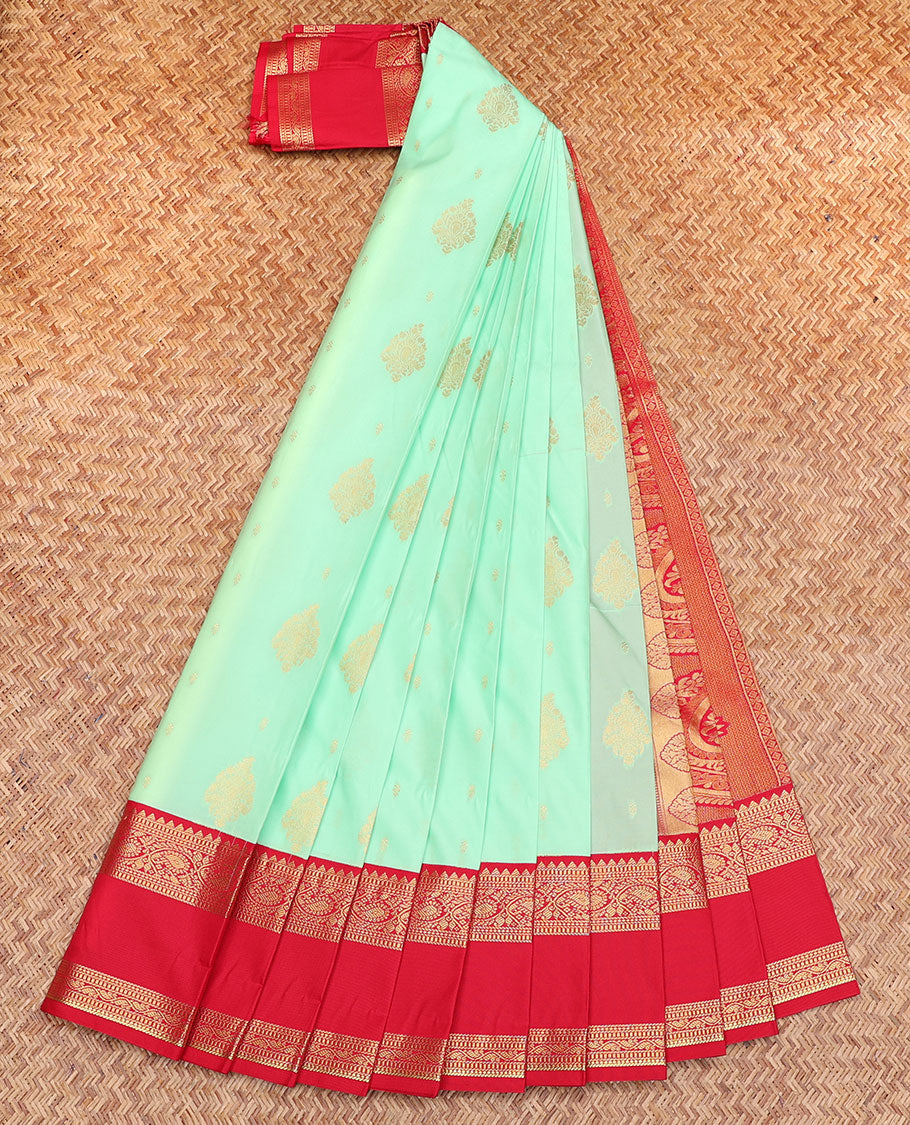 Turquoise Budget Silk Saree, Subtly Sparkled with Zari Buttas, Contrast Traditional Zari Rettai Pettu Border, Grand Pallu, and a Contrast Blouse