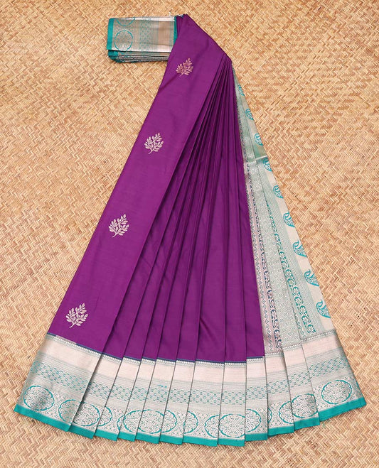 Purple Budget Silk Saree, Showcasing Zari Buttas, Complemented by Contrast Traditional Zari Border, a Grand Pallu and a Contrast Blouse