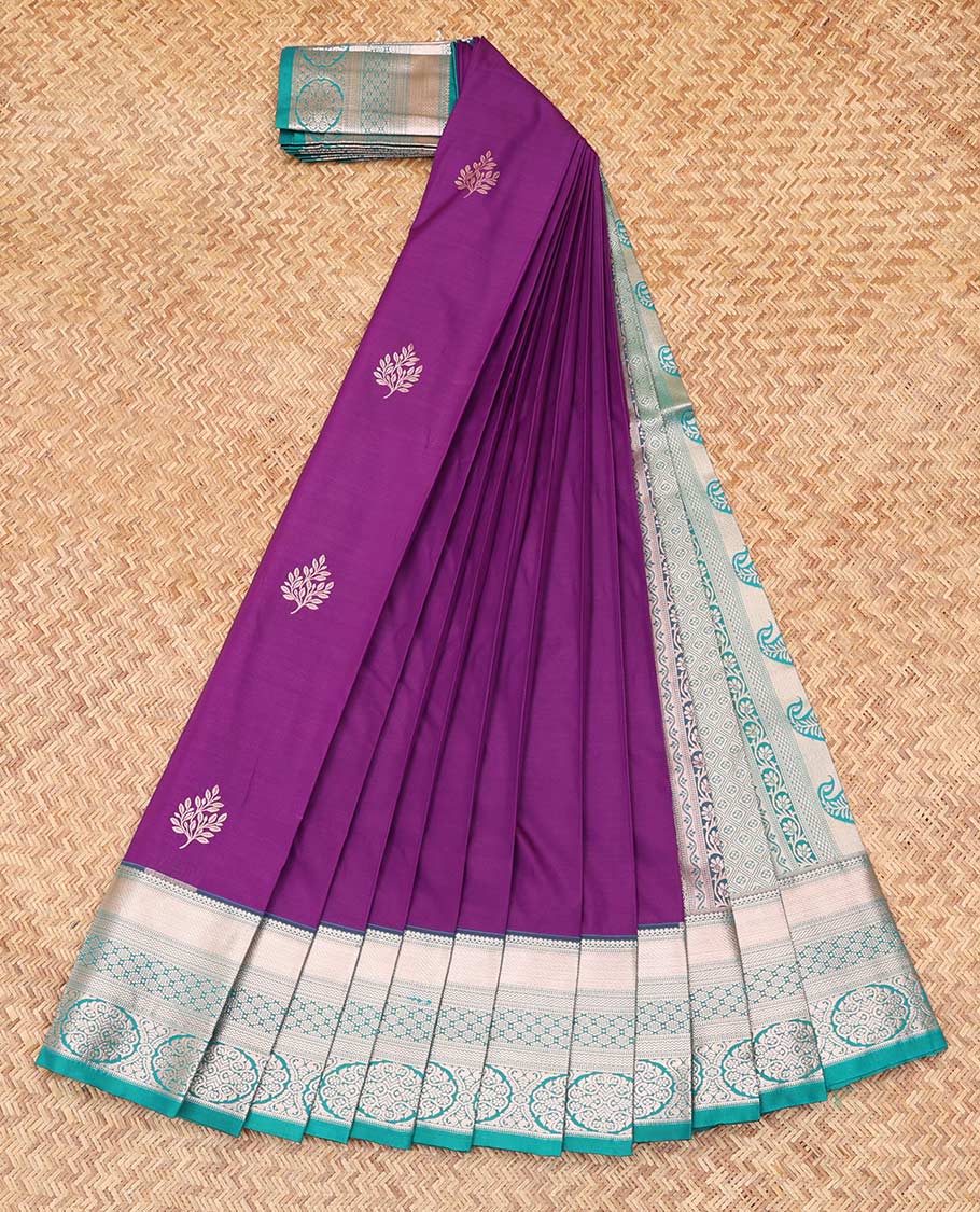Purple Budget Silk Saree, Showcasing Zari Buttas, Complemented by Contrast Traditional Zari Border, a Grand Pallu and a Contrast Blouse