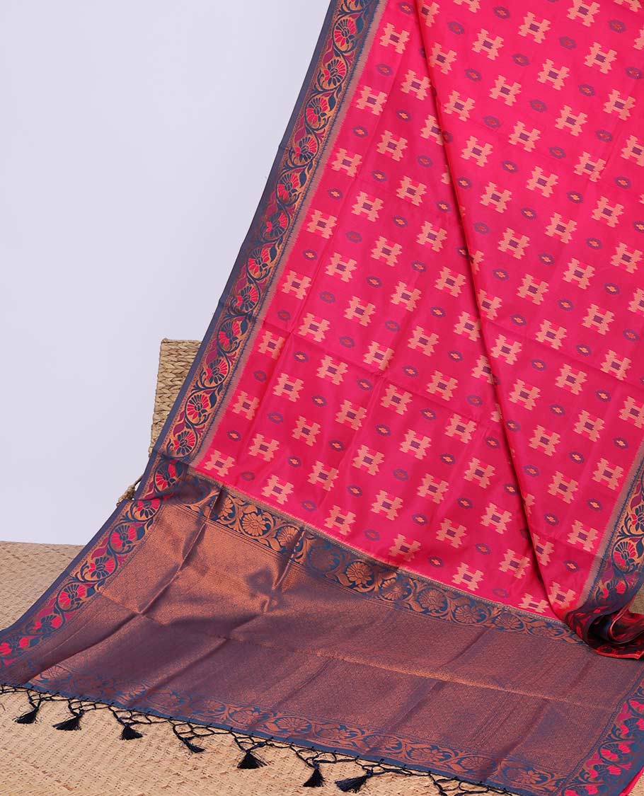 Blue ikkat geometric motifs butter silk saree with contrast floral zari border & intricate floral zari pallu
