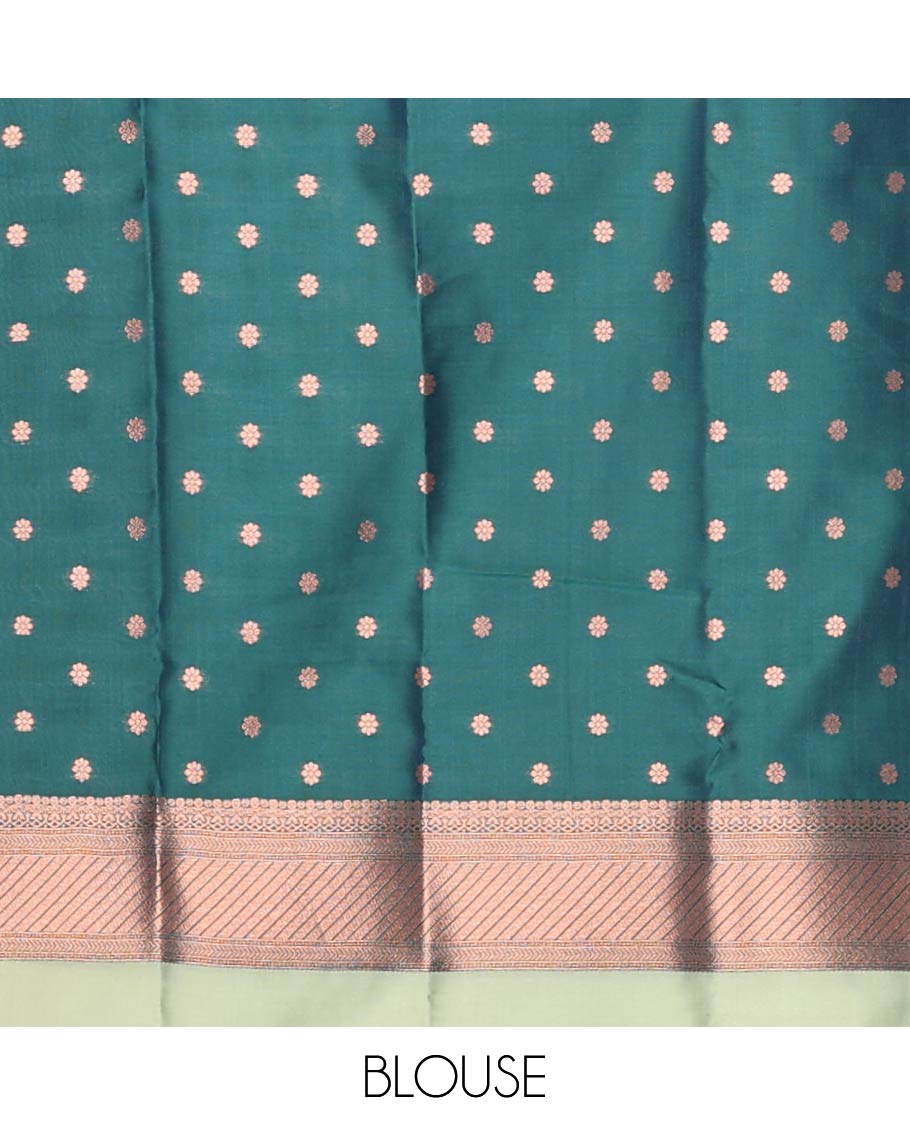 Sage green butter silk saree with floral zari designs, contrast traditional zari design & jaal pallu