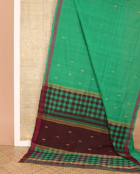 Green buttas Andhra cotton saree, thread woven border, and pallu of checks and buttas