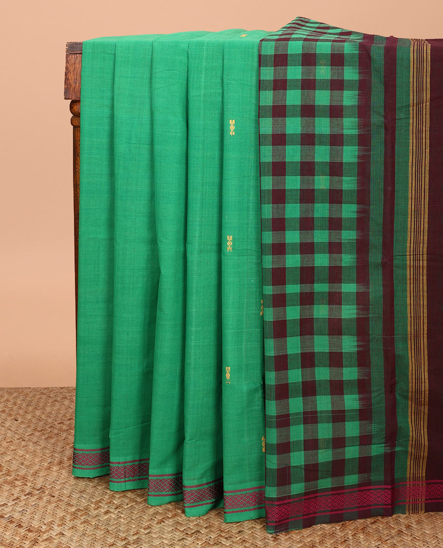 Green buttas Andhra cotton saree, thread woven border, and pallu of checks and buttas