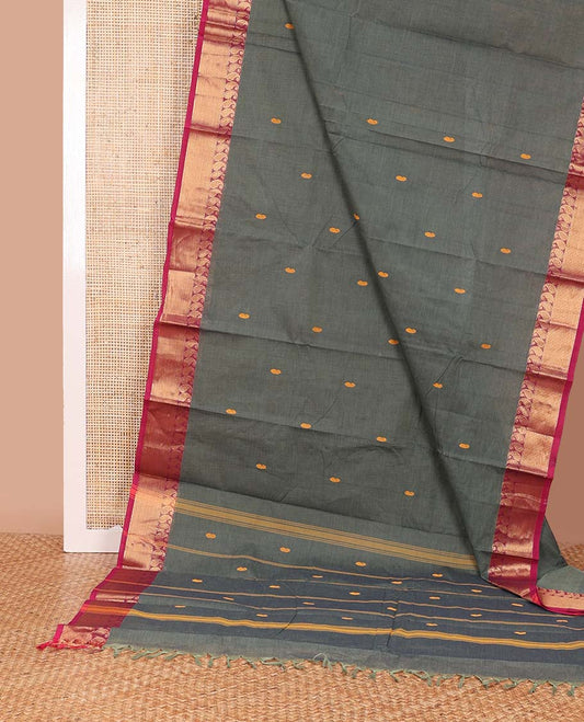 Cement Grey paisley buttas Chettinad cotton saree, contrast paisley zari border, and pallu of stripes