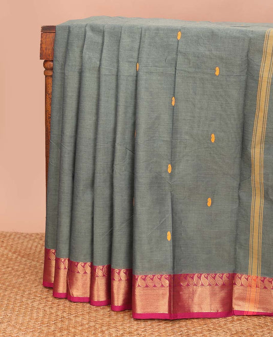 Cement Grey paisley buttas Chettinad cotton saree, contrast paisley zari border, and pallu of stripes